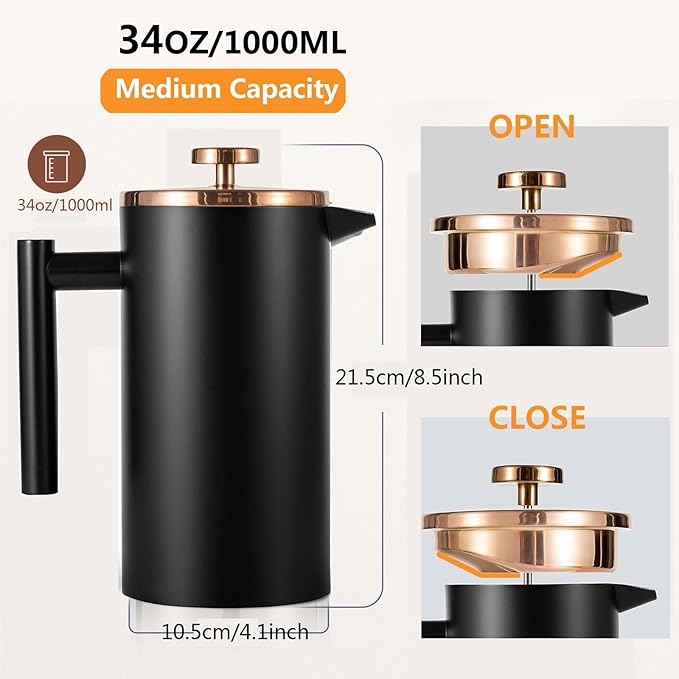 Black French Press Stainless Steel 34oz Double Wall Insulated Coffee Press 1L for travel camping with 2 Extra Filter Screens and 1 Coffee Spoon（8cup 1000ml）