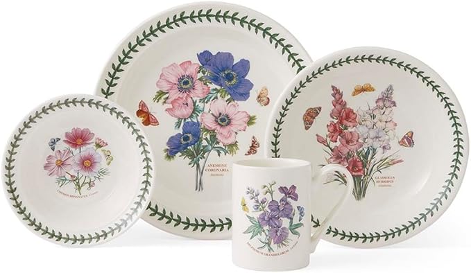 Portmeirion Botanic Garden 4 Piece Dining Set – Floral Earthenware Dinnerware Blooms – Includes 10.5 Dinner Plate 8.3 Salad Plate 6.5 Bowl &amp 12 Oz. Mug – Dishwasher Safe Tableware Essentials