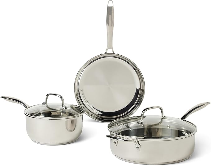 Amazon Basics Stainless Steel Cookware Set 5-Piece All Cooktop Friendly Dishwasher-Safe Induction Compatible