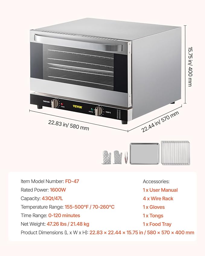 VEVOR Commercial Convection Oven 47L/43Qt Half-Size Conventional Oven Countertop 1600W 4-Tier Toaster w/Front Glass Door Electric Baking Oven w/Trays Wire Racks Clip Gloves 120V