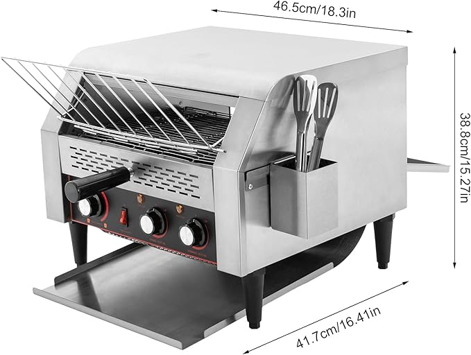 2400W Commercial Conveyor Toaster Stainless Steel Toaster with Upper and Lower Heating Tubes and Crumb Tray 450 Slices/H Heavy Duty Countertop Electric Toaster for Bun Bagel Bread Silver 110V