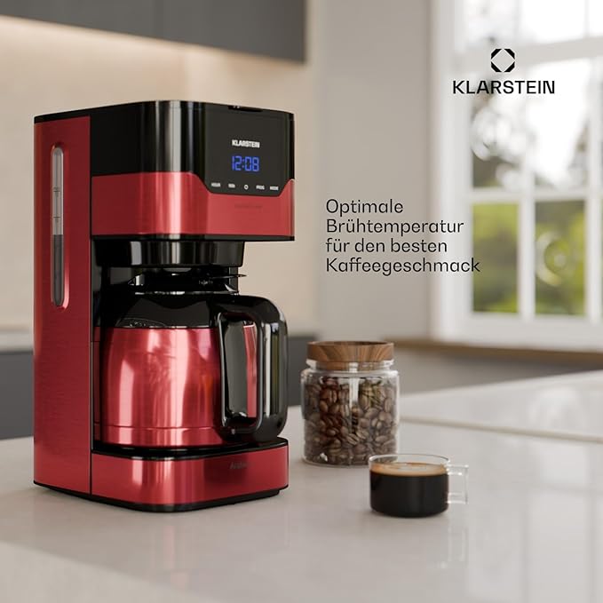 Klarstein Arabica Coffee Machine with Filter - Filter Coffee Machine 800 Watt EasyTouch Control 1.2 L Up to 12 Cups with Permanent Filter Red/Black