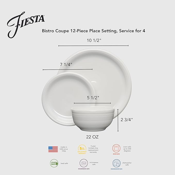 Fiesta® 12-Piece Bistro Coupe Dinnerware Set (Service for 4) – Durable Ceramic Lead-Safe Dishwasher/Microwave/Oven Safe – Made in USA Dinnerware - Meadow