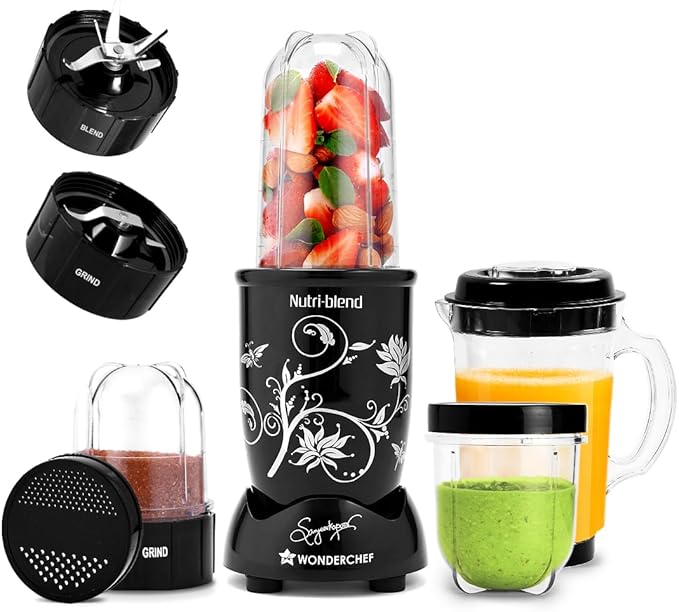 Wonderchef Nutri-blend Juicer Mixer Grinder Blender &amp Smoothie Maker 500W 22000 RPM Full Motor Unbreakable Jars Recipe book by Chef Sanjeev Kapoor 2 Jar 3 Jar Black