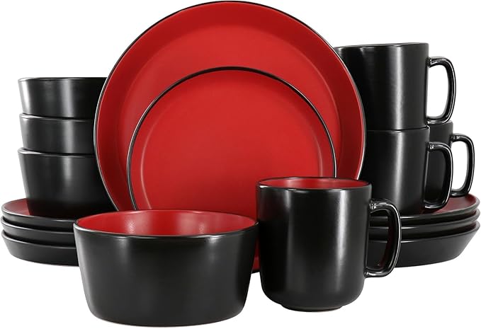 16 Piece Stoneware Dinnerware Set – Two-Tone Plates Bowls &amp Mugs for 4 Modern Matte Finish Microwave &amp Dishwasher Safe (Red)