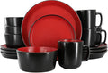 16 Piece Stoneware Dinnerware Set – Two-Tone Plates Bowls &amp Mugs for 4 Modern Matte Finish Microwave &amp Dishwasher Safe (Red)