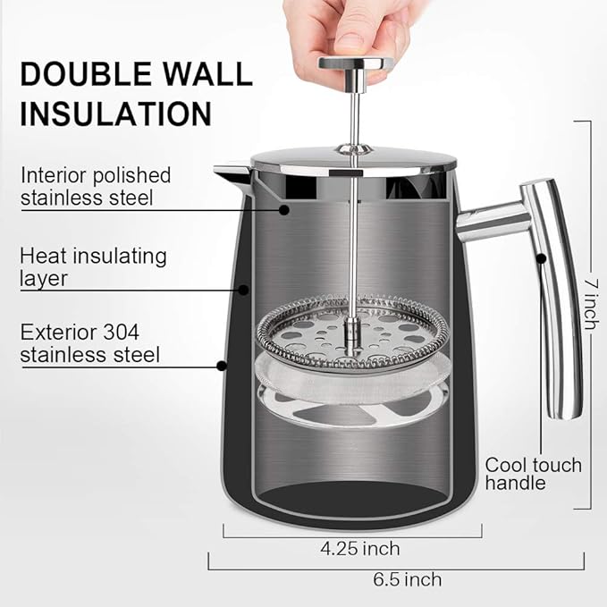 Secura French Press Coffee Maker 17-Ounce 304 Stainless Steel Insulated Coffee Press with Extra Screen
