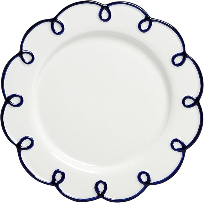 Sango 12-Piece Earthenware Dinnerware Set for 4 Glossy White Plates and Bowls Sets with Navy Scalloped Rims Premium Dish Set Dishes for Hosting Parties Birthday &amp Wedding Gifts Splash of Chee