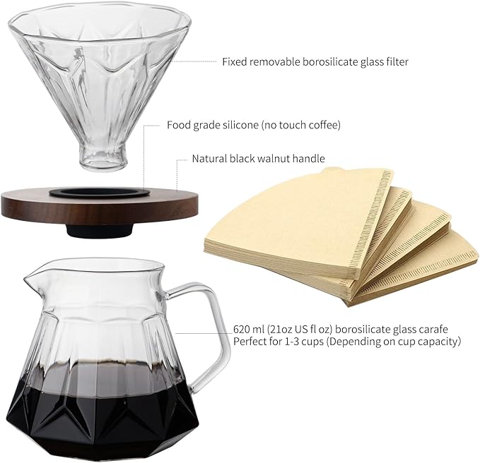 Pour Over Coffee Maker Set 21 oz/620ml Glass Pour Over Coffee Dripper Filter Coffee Maker Kit Manual Grinder with Walnut Handle for Home Office Cafe Restaurant Camping (Clear)