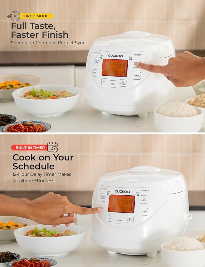CUCKOO Micom Rice Cooker 6 Cup Uncooked / 12 Cup Cooked Korean Fuzzy Logic Rice Cooker with Delay Timer &amp Keep Warm Setting Versatile Food Steamer with Non-Stick Inner Pot White (CR-0633F)