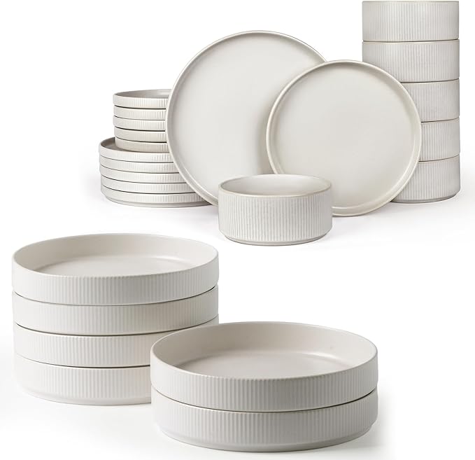 Famiware Star Dinnerware Set with Plates and Bowls Service for 6 (24-Piece) Stoneware Kitchen Dishes Dinner Sets - Matte White