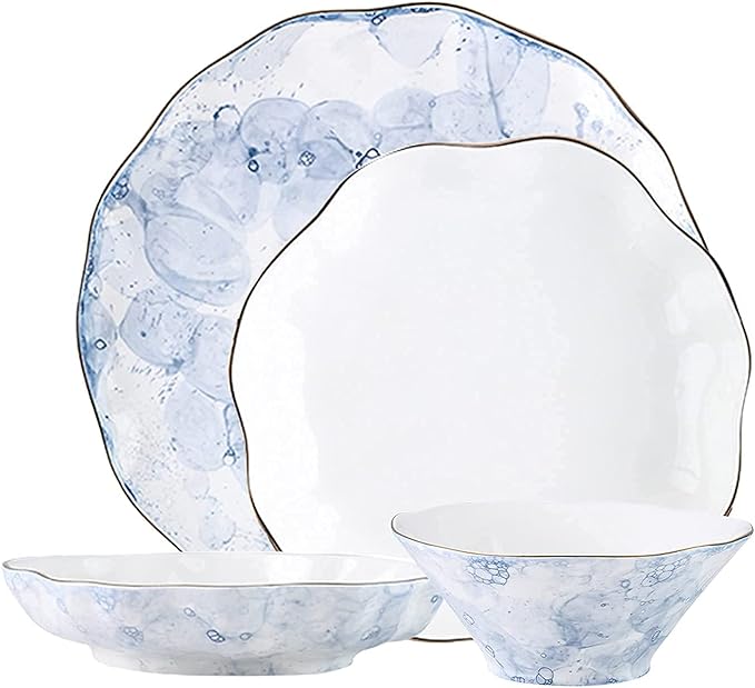 Dinner Set for Luxury Restaurant and Home 24 Pieces Porcelain Dish Set Dinnerware Sets Plates and Bowls Sets for 8 Blue Foam Series 24k Gold-PlatedB