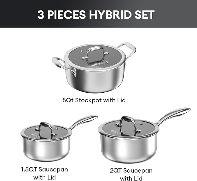 COOKER KING Stainless Steel 6 Pcs Pots Set 1.5 &amp 2QT Saucepan and 5-Quart Pots with Lids Non Stick Non Toxic Stay-Cool Handles Induction Oven Dishwasher Safe