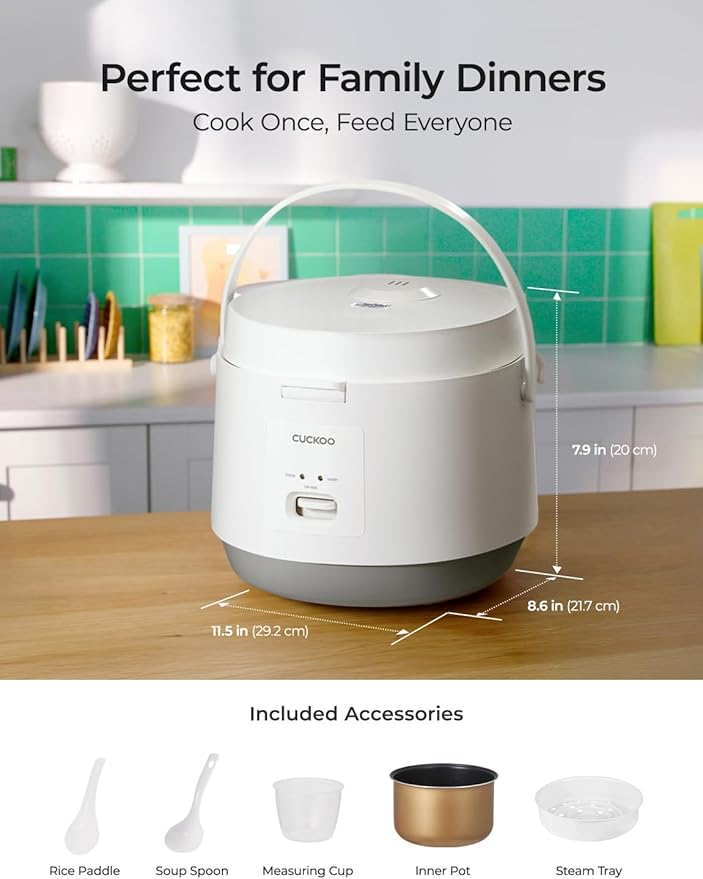 CUCKOO Basic Rice Cooker 10-Cup Uncooked / 20-Cup Cooked Large Rice Maker and Warmer with Nonstick Inner Pot Easy to Use with Auto Keep Warm Includes Steam Tray White (CR-1095)
