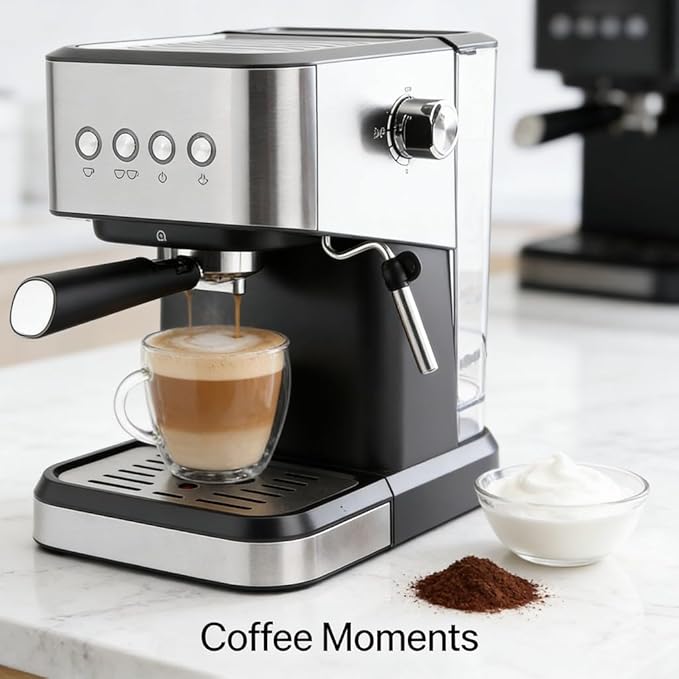 Semi Automatic Compact Coffee Machine 20 Bar Milk Frother Steam Wand 1.5L Water Tank - Quick Preheat Stylish Design Ideal for Home Cappuccino and Latte