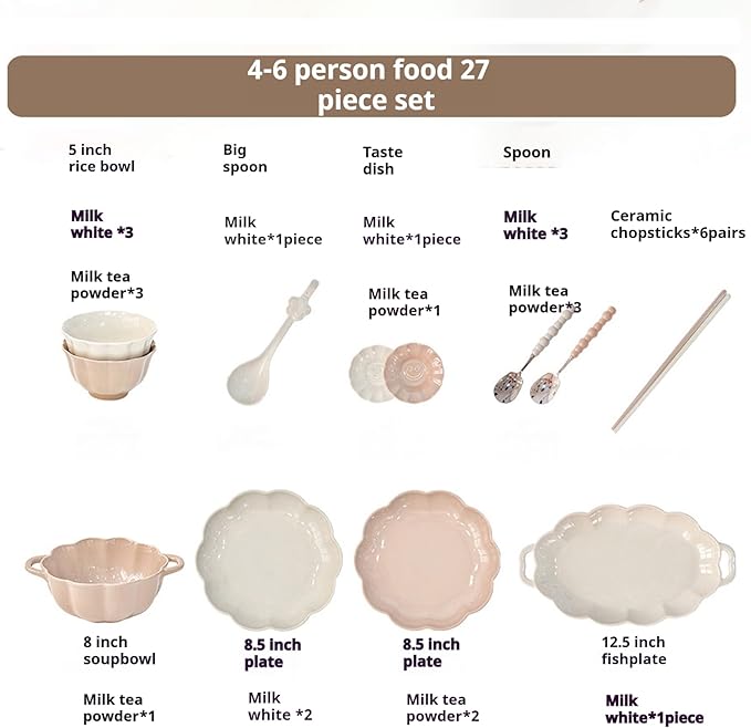Dinnerware Set for 6 People - 27 Pieces - 12.5in Dinner Plate 8.5in Dessert Plate 350ml Pasta Bowl - White Flesh Color - 26 Piece Set (White 26 piece set)