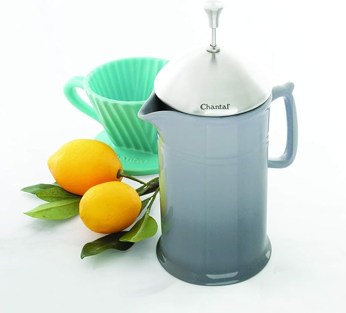 Chantal Stoneware French Press with Stainless Steel Plunger and Lid 28 ounce capacity Fade Grey
