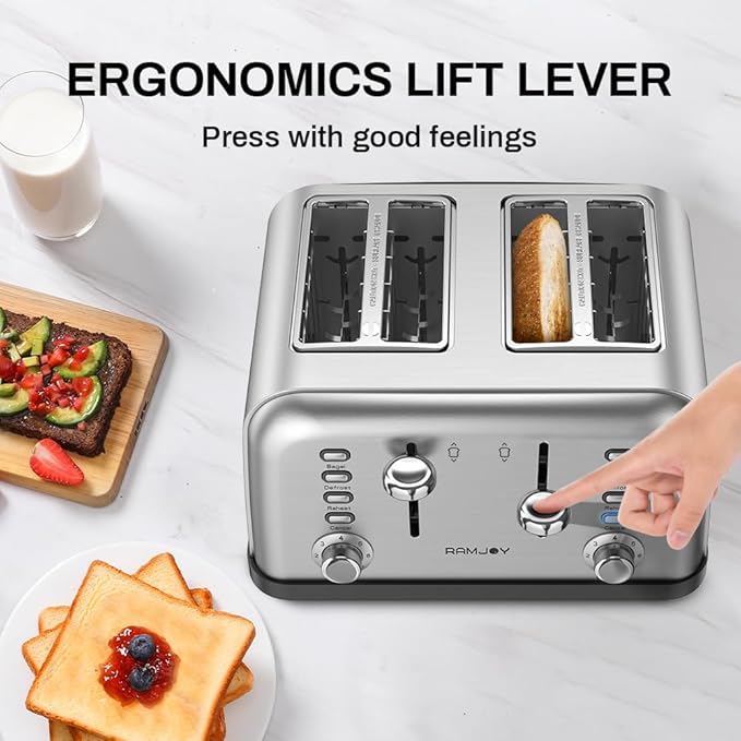 Toaster 4 Slice Dual Independent Controls Extra Wide Slot Toasters for Bagel Bread Waffles 7 Shade Settings 4 Main Functions Removable Crumb Tray 1500 Watts Brushed Stainless Steel