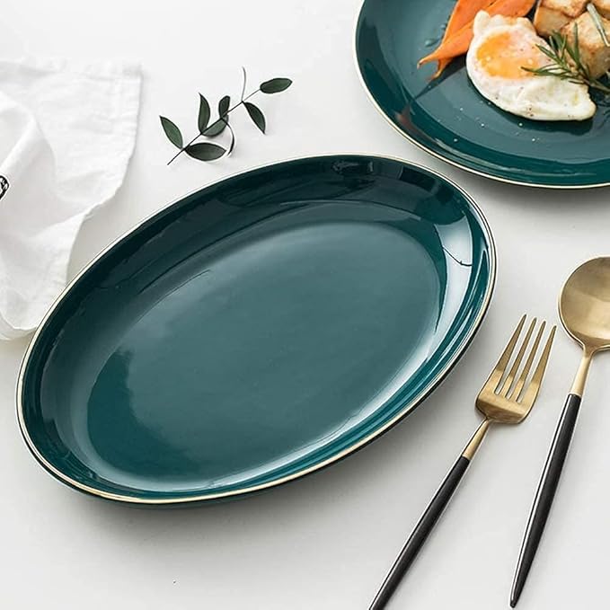 Dinnerware Set Plates and Bowls Sets Bowl/Dish/Spoon|Green Gold Rim Pattern Dinnerware Set Nordic Minimalist Style Porcelain Combination