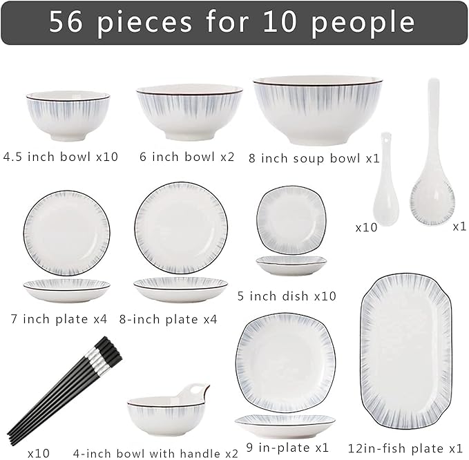 56-Piece Dinnerware SetsDinner PlateDessert Plates and Soup Platesand Salad Pasta BowlsService for 12Microwave SafeTable Service