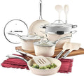 Hammered 15 Pc Ceramic Pots and Pans Set Non Stick Pots and Pan Set Dishwasher Safe Cream White Steel Cookware Sets Kitchen KitA15 Pc Cookware Set