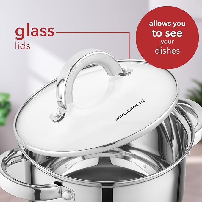 FLORINA 8-Piece Stainless Steel Saucepan Set | Pots with Glass Lid | Induction Gas Electric Cooker Compatible