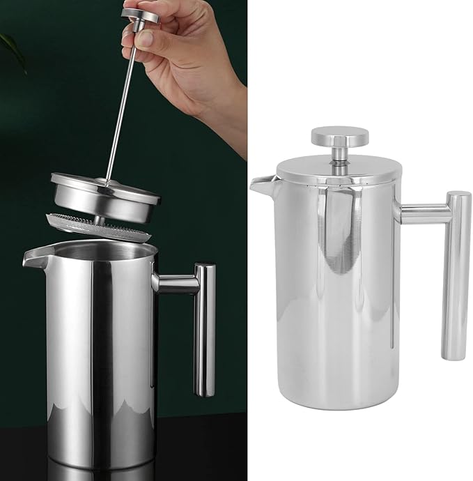 Fockety French Press Coffee Maker 304 Stainless Steel Triple Fine Filter Pressure Insulated Double Layer Heat Preservation Coffee Press for Camping Travel (1000ml)