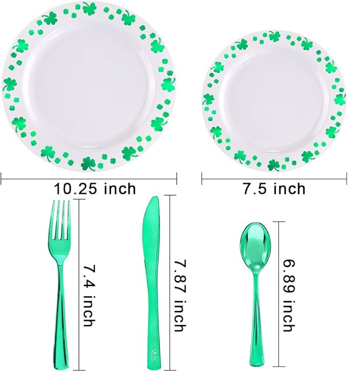 WDF 125pcs St. Patrick’s Day Plastic Plates with Shamrock Clover &amp Disposable Silverware - Premium White and Green Plastic Dinnerware for Wedding &ampParties Special for St. Patrick’s Day