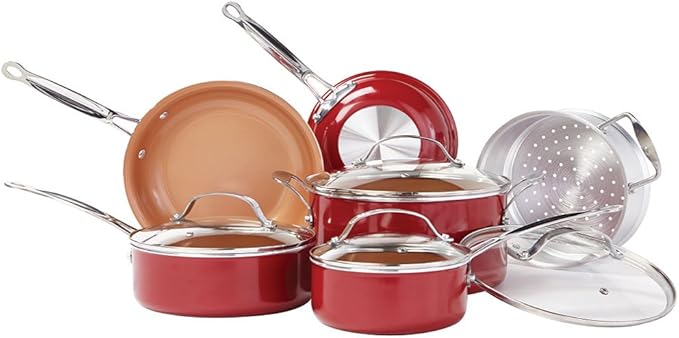 BulbHead Red Copper 10 PC Copper-Infused Ceramic Non-Stick Cookware Set