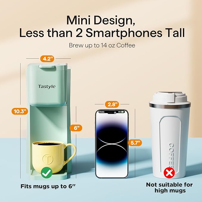 Mini Hot and Iced Coffee Maker Single Serve for K Cup and Ground 6 to 14 Oz Brew Sizes with Recipe Book for Home Travel RV Office and Dorm Mint