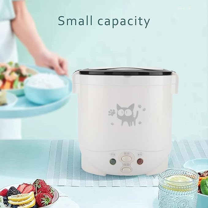 Mini Rice Cooker 1L 12v Portable Rice Maker Electric Lunch Box for Car Food Steamer Fast Cooking Automatic Non Stick Pot for Travel Camping Cooking Soup Grain Oatmeal Veggie Stews(White)
