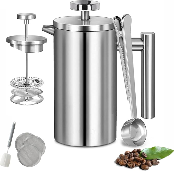 French Press Coffee Maker 34oz/1L Double Wall Stainless Steel Coffee Press with 3 Filters &amp Cleaning Brush Insulated Tea Maker for Home Camping &amp Travel (34 fl oz)