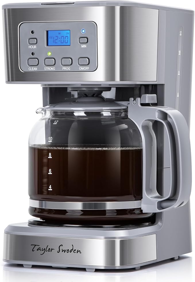 Taylor Swoden 12-Cup Programmable Coffee Maker Regular &amp Strong Brew Drip Coffee Machine for Home and Office Glass Carafe Pause &amp Serve Auto Shut Off Gray &amp Stainless Steel