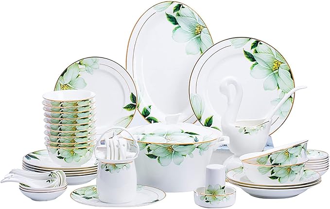 Dinner Sets for 10Bone China Porcelain Dinner SetJingdezhen Flowers Pattern Tableware Set Bowls and Plates-56 Pcs (Style 1)