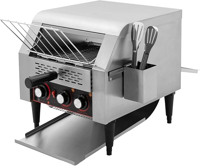 1900W Commercial Conveyor Toaster Stainless Steel Toaster with Upper and Lower Heating Tubes and Crumb Tray 300 Slices/H Heavy Duty Countertop Electric Toaster for Bun Bagel Bread Silver 110V