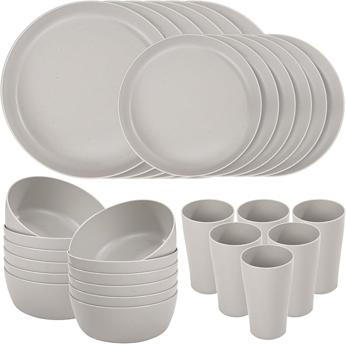 EI 24pcs Grey Wheat Straw Dinnerware Set of 6Reuasble Unbreakable Dinner PlatesWheat Plates and Bowls Sets for CampingPicnincFamily Dinner