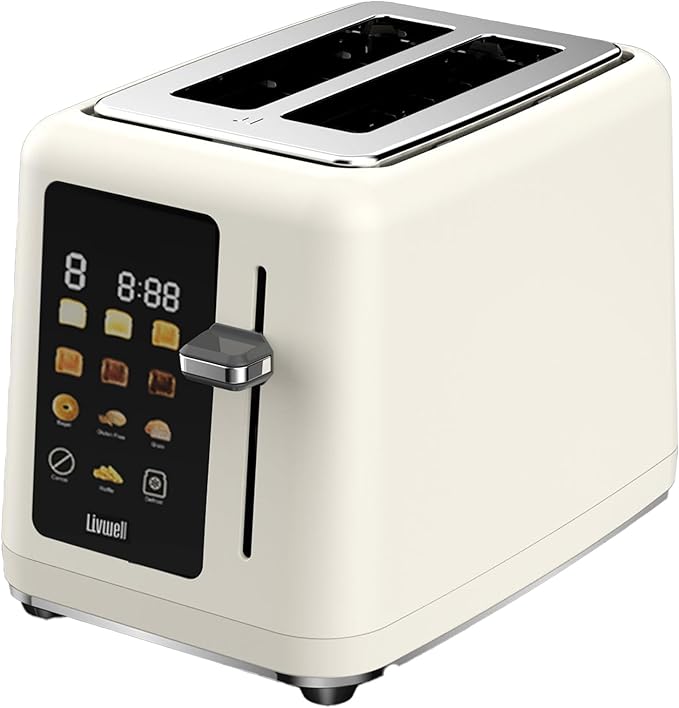 Livwell Matte 2-Slice Smart Touch Toaster with Color Screen Display - Kitchen Gifts - 6 Browning Levels Timer Countdown Adjustable Settings for Bagels Gluten-Free &amp Multigrain Bread (Matte Crea
