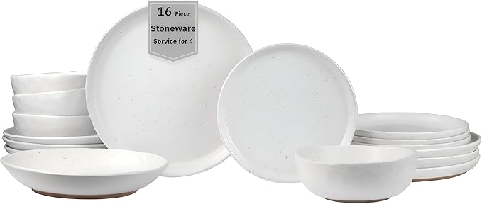 Sango 16-Piece Boho Farmhouse Stoneware Dinnerware Set for 4 Semi-Matte White Plates and Bowls Sets with Rustic Speckled Glaze Ceramic Dish Set Modern Dishes Microwave &amp Dishwasher Safe Kaya