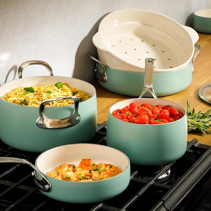 Bloomhouse 12 Piece Aluminum Pots and Pans Cookware Set w/Non-toxic Ceramic Non-stick Ceramic Steamer Insert &amp 12 Protective Care Bags - Sage Green