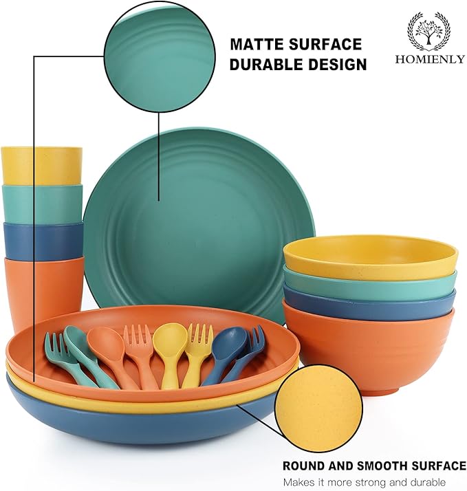 Homienly 52 PCS Premium Wheat Straw Dinnerware Sets Reusable Plates and Bowls Sets for Kitchen Lightweight and Unbreakable Dishwasher and Microwave Safe Dishes Set - Colorful