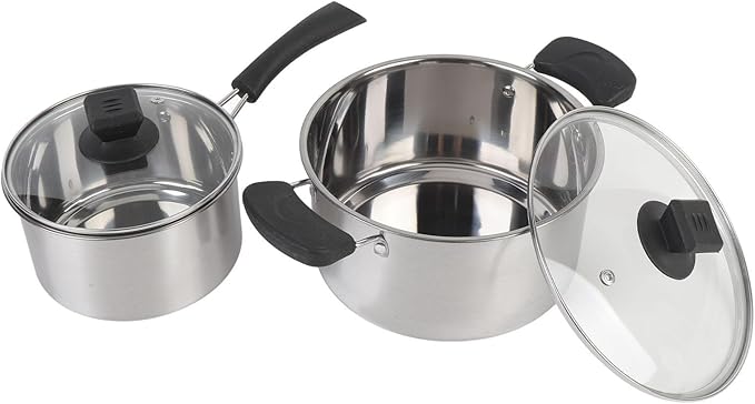 Stainless Steel Cookware Set 2 Pcs Non Stick Saucepan with Glass Lid Small Milk Pan with Heatproof Handle for Kitchen Multipurpose Sauce Pan Set for Cooking Soup Eggs Noodles