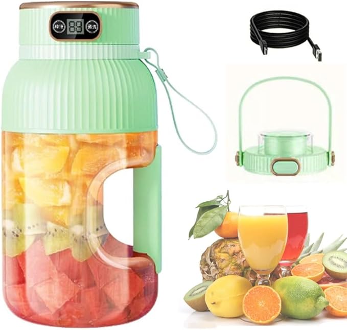Multifunctional Portable Juicercup with Digital Display Large Capacity Portable Blender USB Rechargeable Double Lids are Replaceable Juice Cup Blender(Green)