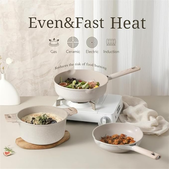 Pots Pans Nonstick Cooker Kitchen Cookware Set Large Capacity Granite Pot Set Induction Pots Pans Cooking Set16 Pcs Beige GraniteA-16 pcs Beige Granite-A