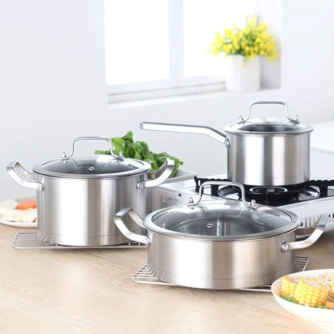 Cookware Cookware Set Kitchen Stainless Steel Soup Pot Saucepan Induction Safe Thickened Frying Pan Saucepan with Glass Lid 3 PCS/Set