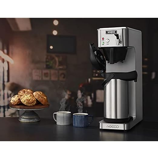 Waring Commercial WCM70PAP Café Deco Automatic Airpot Coffee Brewer Stainless Steel Construction Hot water faucet Plumbed 120V 5-15 Phase PlugSilver/ Black