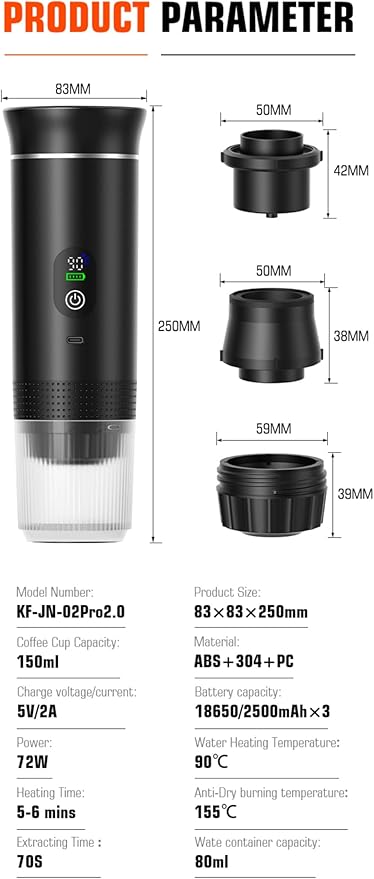 Portable Electric Coffee Maker Digital Display Compatible with Coffee PodsRechargeable Coffee Machine for Travel Camping RVHomeOffice (black)