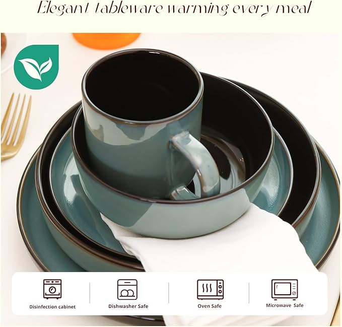 HomeVSS 20-Piece Dinnerware Set - Serves 4 Reactive Glaze Green Plates &amp Bowls Set | Microwave &amp Dishwasher Safe Dishes Set