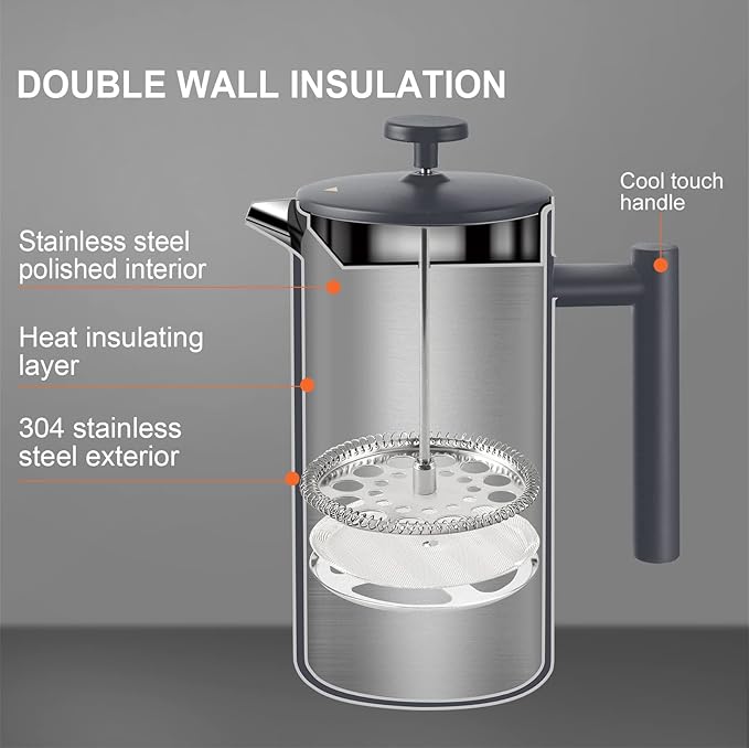 Secura French Press Coffee Maker 304 Grade Stainless Steel Insulated Coffee Press with 2 Extra Screens 34oz (1 Litre) Grey