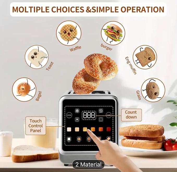 Stainless Steel Digital Toaster with Touch Screen Multiple Browning Levels Bagel Defrost and Reheat Functions
