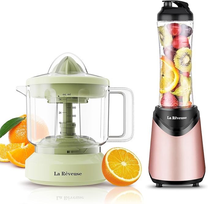 La Reveuse 300W Single Serving Blender (Pink) + La Reveuse 34 oz Electric Citrus Juicer